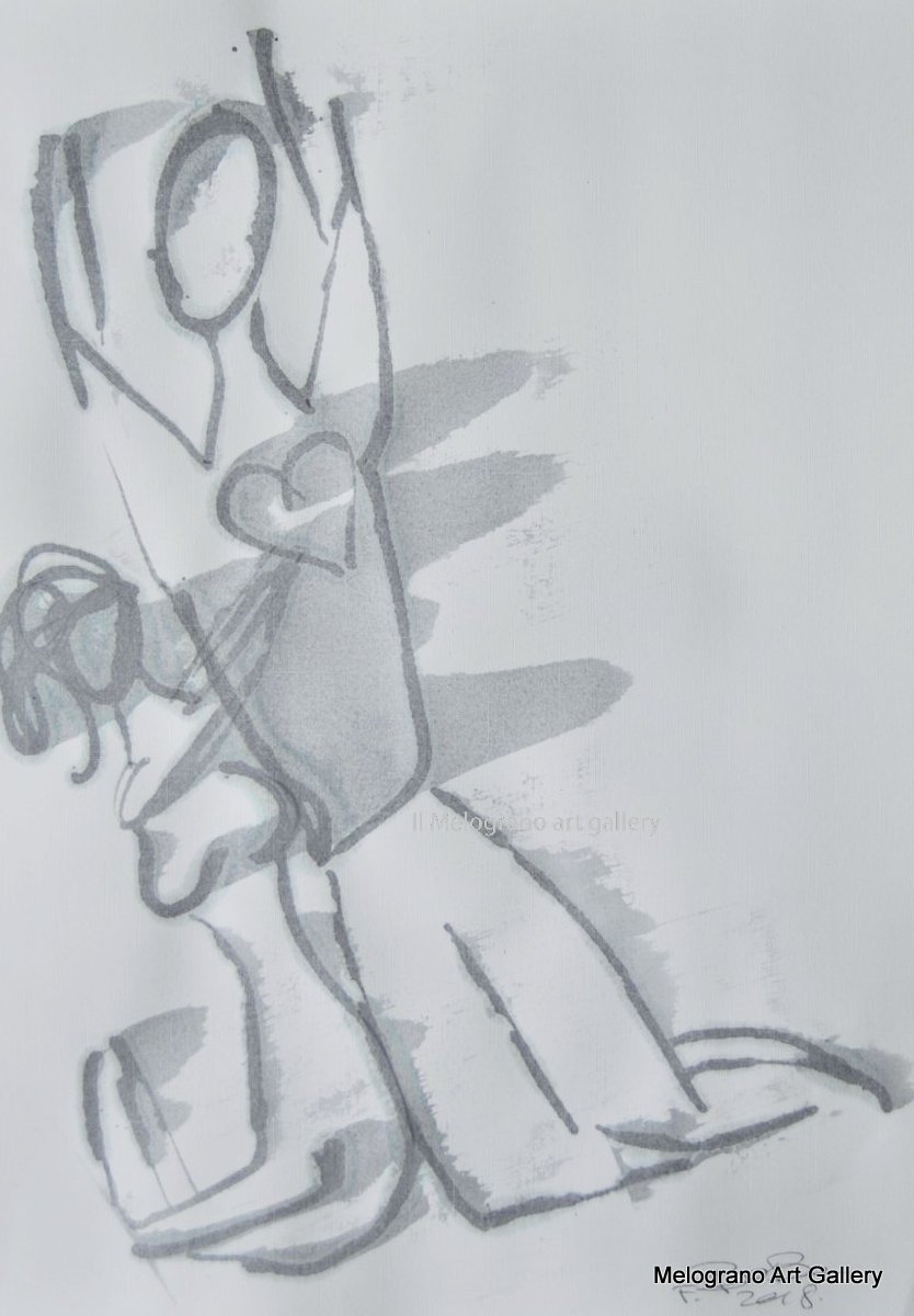 Disegno su carta di Futurboba realizzato con marker diluito in alcool, linea morbida. Un omaggio all'Amore e alla tenerezza