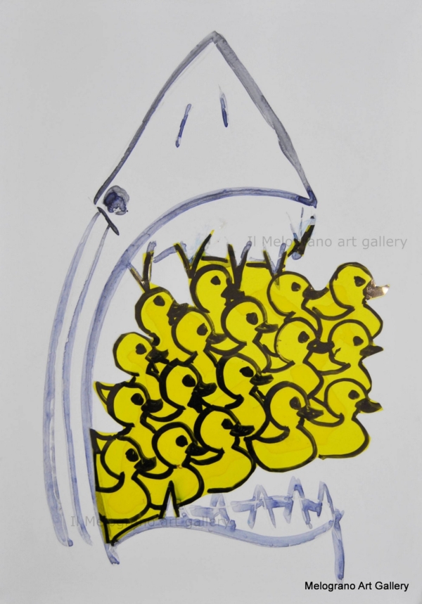 Disegno su carta di Futurboba con squalo e pulcini in plastica trasparente coloratacolorati, titolo Squaloca