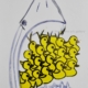 Disegno su carta di Futurboba con squalo e pulcini in plastica trasparente coloratacolorati, titolo Squaloca