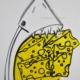 Disegno su carta di Futurboba con squalo e formaggio Emmentaler in plastica trasparente colorata, titolo Squalo Emmentaler