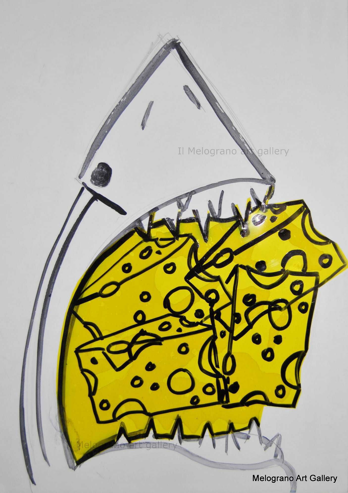 Disegno su carta di Futurboba con squalo e formaggio Emmentaler in plastica trasparente colorata, titolo Squalo Emmentaler