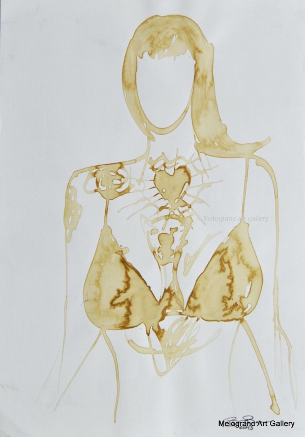 Disegno su carta di Futurboba realizzato con caffè diluito in acqua, linea morbida. Un omaggio all'Amore e alla tenerezza