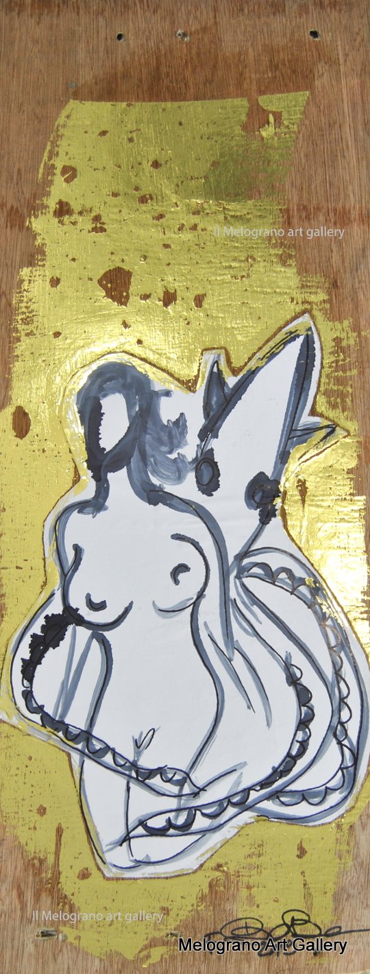 Tavola di Futurboba della serie La Donna di Atlantide, tecnica mista, acrilici, collage e foglia oro su legno