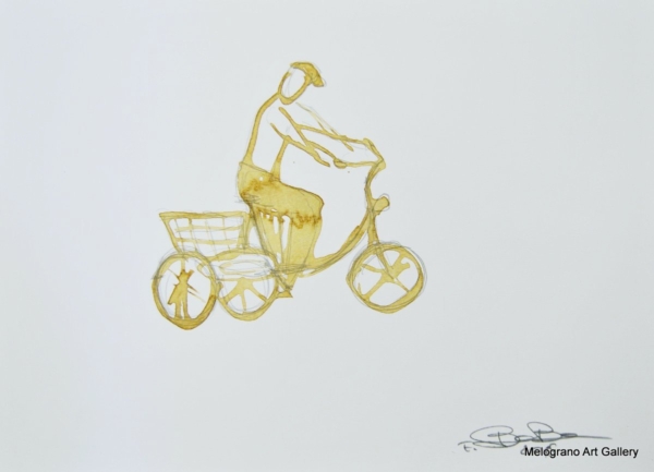 Disegno su carta di Futurboba realizzato con caffè diluito, serie dedicata alla vita quotidiana e alla memoria poetica. La bicicletta