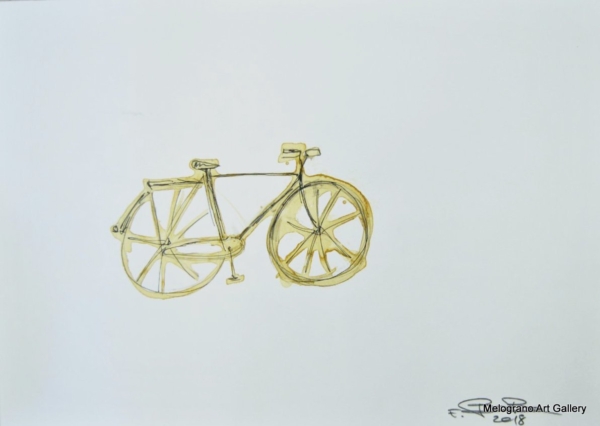 Disegno su carta di Futurboba realizzato con caffè diluito, serie dedicata alla vita quotidiana e alla memoria poetica. La bicicletta