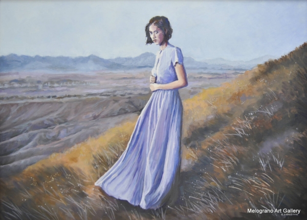 Donna solitaria sulla cima di una collina che guarda la valle, pittura realistica luminosa di Giovanni Graziani, atmosfera contemplativa e panoramica.
