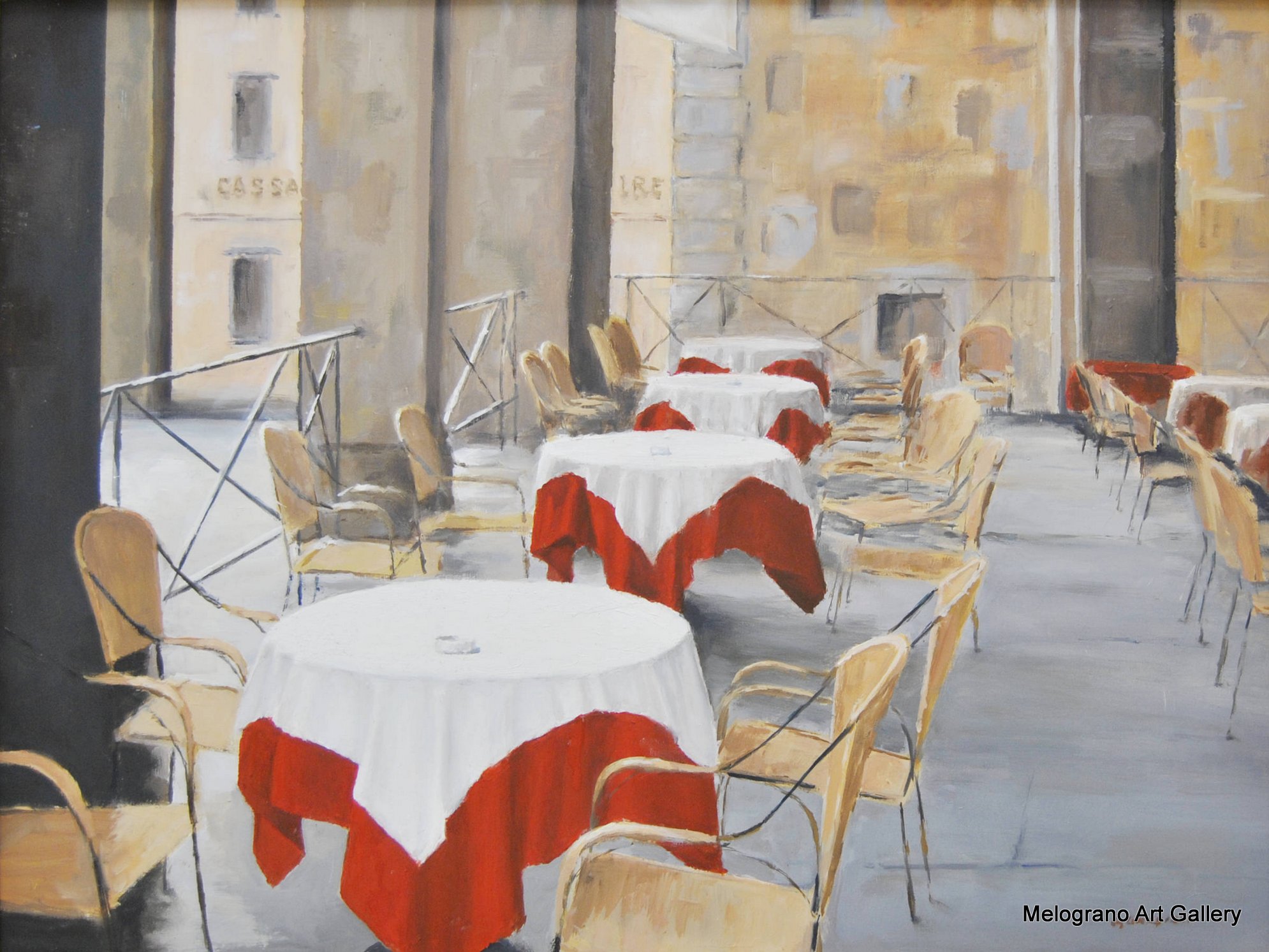 Tavoli e sedie vuoti di un bar elegante sotto un porticato, pittura realistica luminosa di Giovanni Graziani, tovaglie bianche e sottotovaglie rosse.