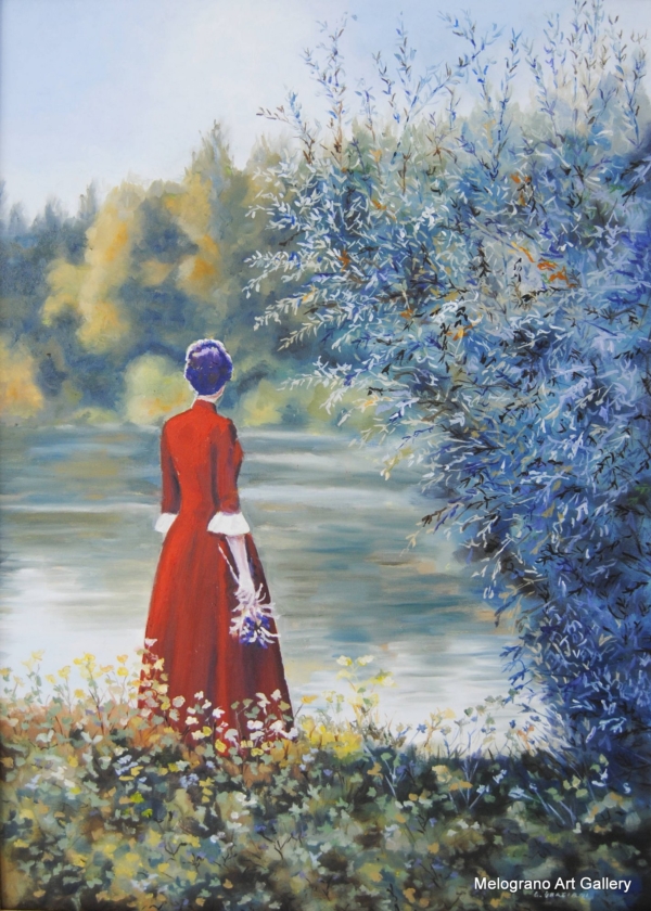 Donna di spalle sul lago tra rive verdi, vestito rosso, pittura realistica luminosa di Giovanni Graziani, atmosfera contemplativa e poetica.
