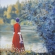 Donna di spalle sul lago tra rive verdi, vestito rosso, pittura realistica luminosa di Giovanni Graziani, atmosfera contemplativa e poetica.
