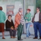 Cinque persone ferme alla fermata dell’autobus, pittura realistica luminosa di Giovanni Graziani, istantanea poetica della quotidianità e dei movimenti familiari dei personaggi.