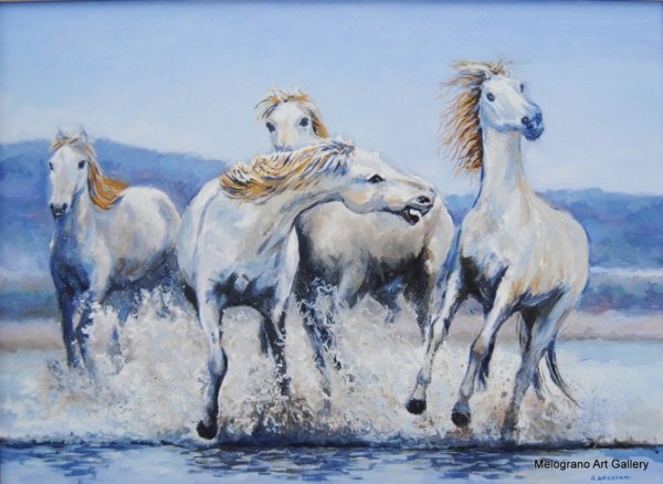 Quattro cavalli bianchi che corrono sulla spiaggia, pittura realistica luminosa di Giovanni Graziani, movimento e dinamismo nelle criniere e nei colli.