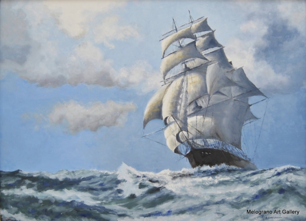 Veliero a vele spiegate sul mare – dipinto realistico contemporaneo di Giovanni Graziani