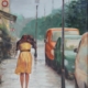 Donna sola sotto la pioggia sul marciapiede, corsa con impermeabile giallo e scialle sulla testa, auto parcheggiate, pittura realistica luminosa di Giovanni Graziani.