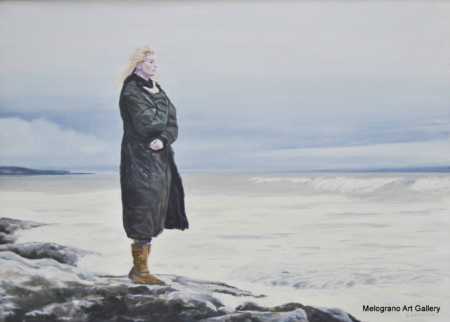 Donna solitaria che contempla il mare d’inverno, pittura realistica luminosa di Giovanni Graziani, atmosfera fredda e luce invernale sul mare.