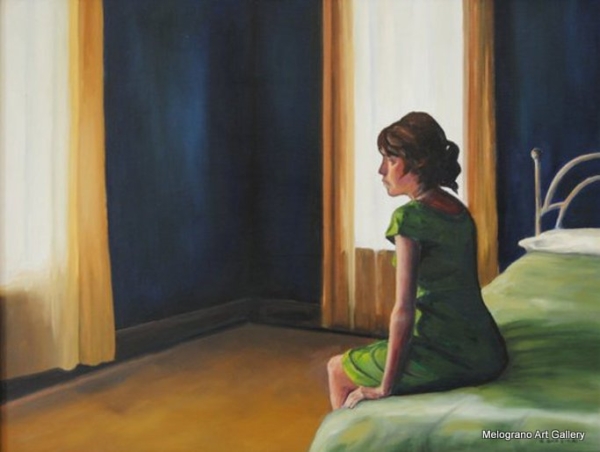 Donna quasi di spalle seduta su un letto in una camera spoglia, pittura realistica luminosa di Giovanni Graziani, atmosfera di solitudine e introspezione.