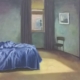 Letto sfatto in una stanza vuota, pittura realistica luminosa di Giovanni Graziani, atmosfera di silenzio, vuoto e quotidianità triste.