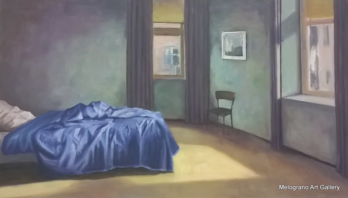 Letto sfatto in una stanza vuota, pittura realistica luminosa di Giovanni Graziani, atmosfera di silenzio, vuoto e quotidianità triste.