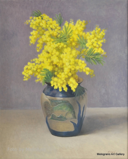 Mimosa fiorita in vaso, natura morta. Quadro di Gloria Geraci, pittrice livornese della scuola labronica