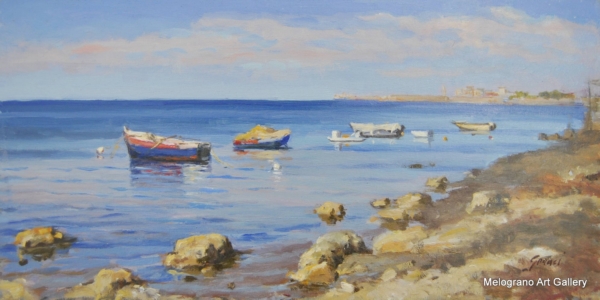 Marina Livornese con barche e mare azzurro, quadro di Gloria Geraci, pittrice livornese della scuola labronica
