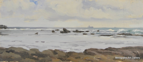 Mare e nuvole sugli scogli di Livorno. Quadro di Gloria Geraci, pittrice livornese della scuola labronica