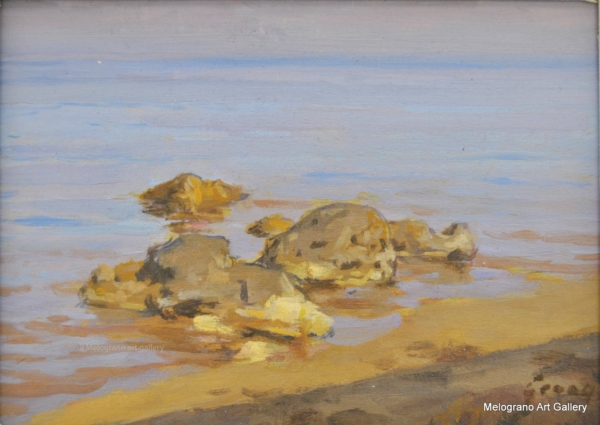 Scogli sul mare al mattino. Quadro di Gloria Geraci, pittrice livornese della scuola labronica