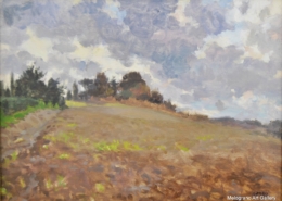 Quadro di paesaggio toscano nuvoloso, opera di Gloria Geraci, pittrice livornese della scuola labronica