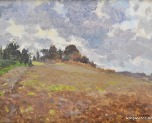 Quadro di paesaggio toscano nuvoloso, opera di Gloria Geraci, pittrice livornese della scuola labronica