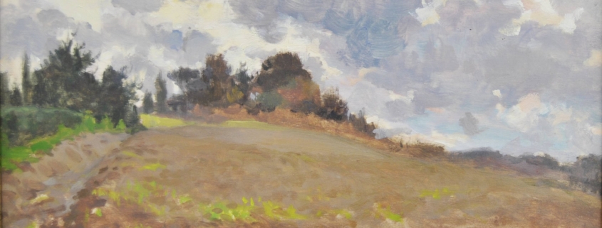 Quadro di paesaggio toscano nuvoloso, opera di Gloria Geraci, pittrice livornese della scuola labronica