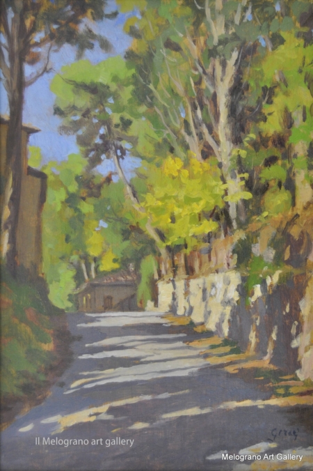 Stradina di campagna toscana a Nugola. Quadro di Gloria Geraci, pittrice livornese della scuola labronica