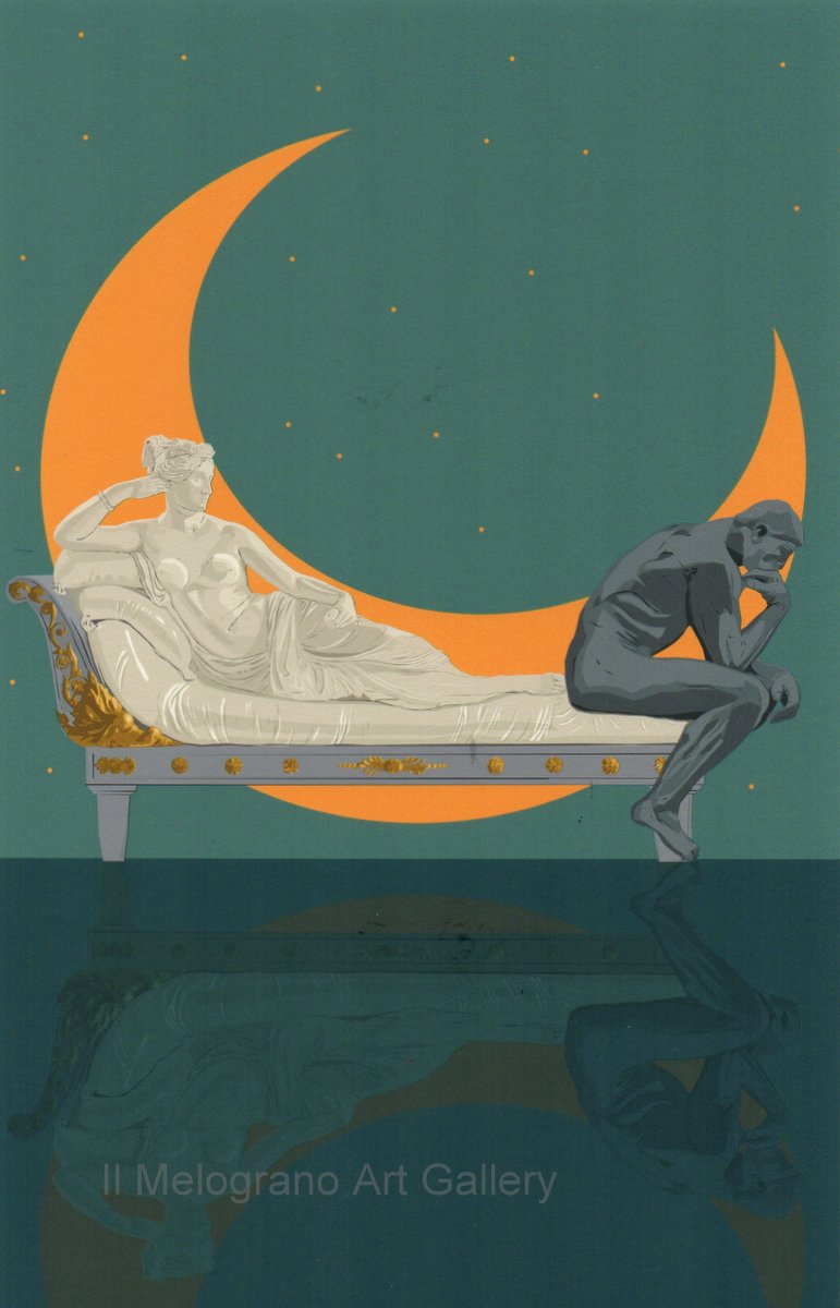 Paolina Bonaparte e Il Pensatore di Rodin reinterpretati da Lillo Ciaola in un’elaborazione digitale ironica e surreale