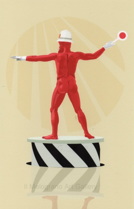 Lo Zeus/Poseidone di Capo Artemisio, bronzo del 460 a.C. circa, reinterpretato da Lillo Ciaola come vigile urbano, dipinto di rosso con berretto da vigile, mentre dirige il traffico su un predellino tondo.
