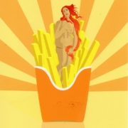 Lillo Ciaola Venus Fries Venere di Botticelli reinterpretata da Lillo Ciaola esce da un pacchetto di patatine fritte McDonald’s in chiave digitale e ironica