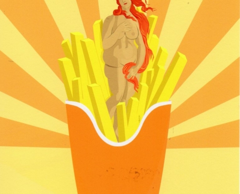 Venere di Botticelli reinterpretata da Lillo Ciaola esce da un pacchetto di patatine fritte McDonald’s in chiave digitale e ironica