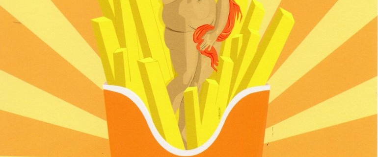 Venere di Botticelli reinterpretata da Lillo Ciaola esce da un pacchetto di patatine fritte McDonald’s in chiave digitale e ironica