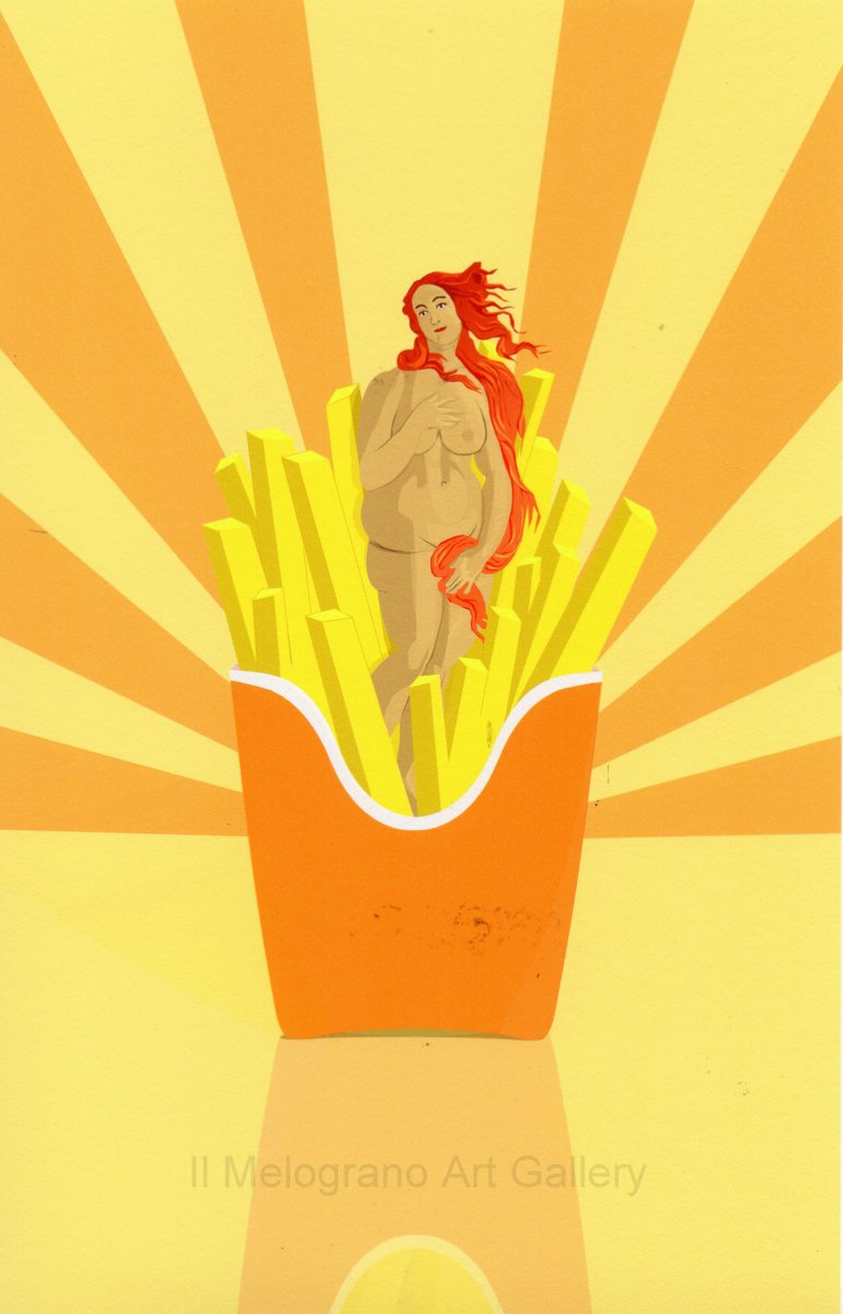 Venere di Botticelli reinterpretata da Lillo Ciaola esce da un pacchetto di patatine fritte McDonald’s in chiave digitale e ironica
