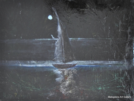 Mare notturno dipinto da Luca Ceccanti, pittura figurativa dal vivo, colori e luci impressioniste.