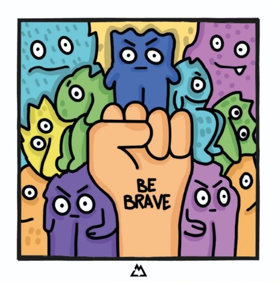 Mostriciattolo colorato di Luigi Massa con contorni neri, messaggio “Be brave” su cartoncino