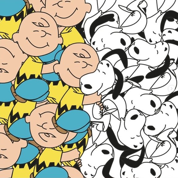 Charlie Brown e Snoopy, serie Supereroi di Luigi Massa, colori rivisitati, pattern serrato su cartoncino