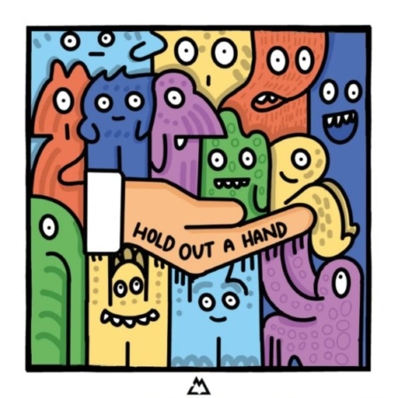 Mostriciattolo colorato di Luigi Massa con contorni neri, messaggio “Hold out a hand” su cartoncino