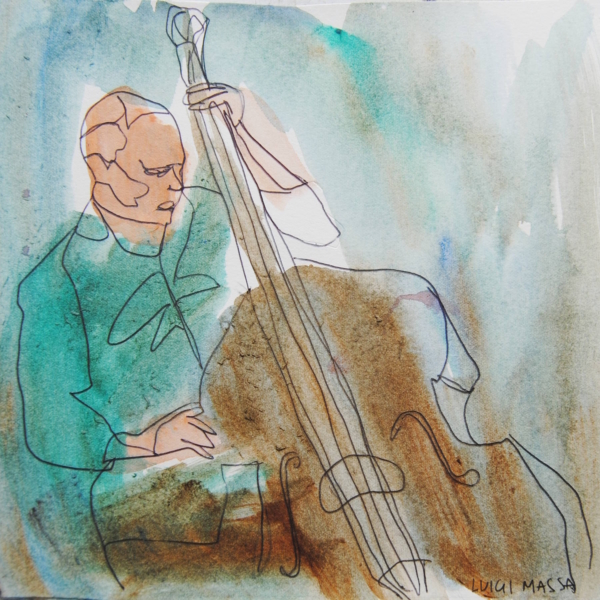 Contrabbassista, serie Jazz Session di Luigi Massa, musica jazz, acquarello e tecnica mista su cartoncino