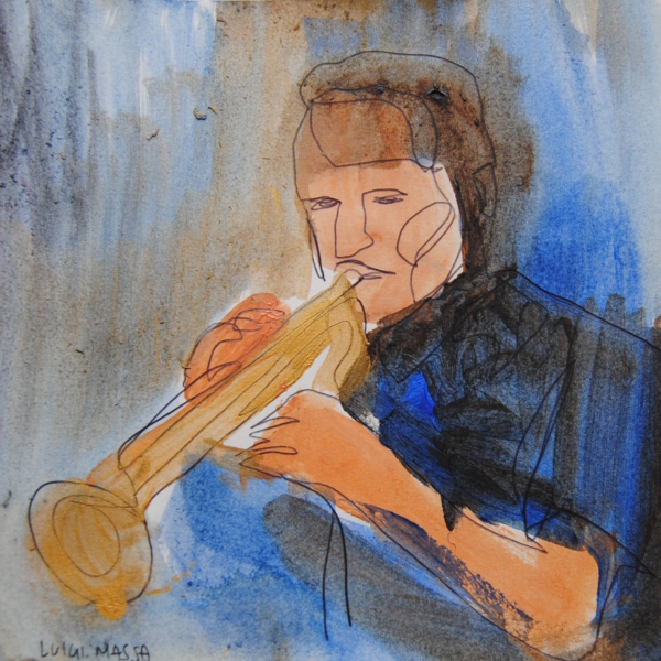 Tromba, serie Jazz Session di Luigi Massa, musicista in acquerello e pennarello su cartoncino
