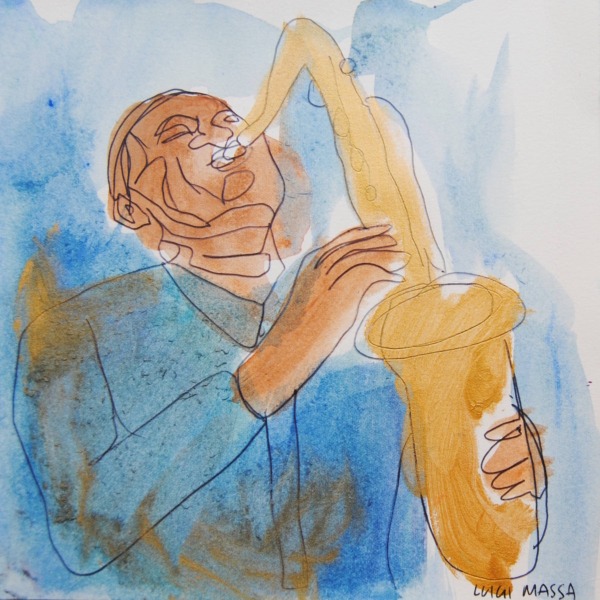 Sax jazz, serie Jazz Session di Luigi Massa, musicista in acquerello e pennarello su cartoncino
