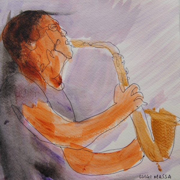 Sax jazz, serie Jazz Session di Luigi Massa, musicista in acquerello e pennarello su cartoncino