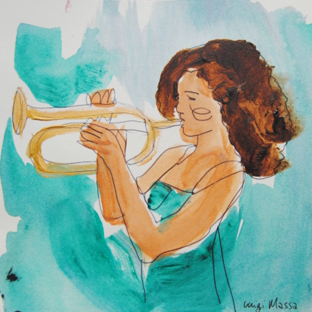 Tromba jazz, serie Jazz Session di Luigi Massa, musicista donna su cartoncino, acquerello e pennarello