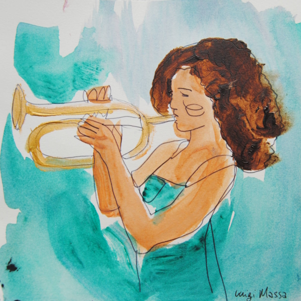 Tromba jazz, serie Jazz Session di Luigi Massa, musicista donna su cartoncino, acquerello e pennarello