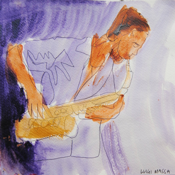 Sax jazz, serie Jazz Session di Luigi Massa, musicista in acquerello e pennarello su cartoncino