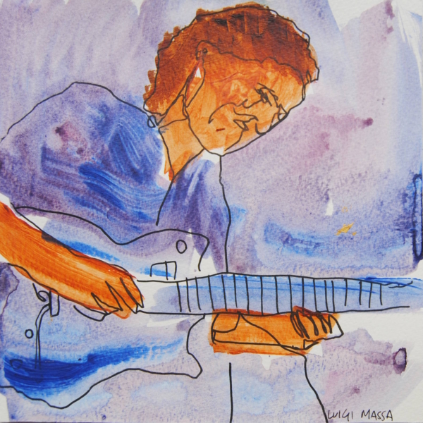 Basso elettrico, serie Jazz Session di Luigi Massa, musicista jazz su cartoncino, acquerello e pennarello
