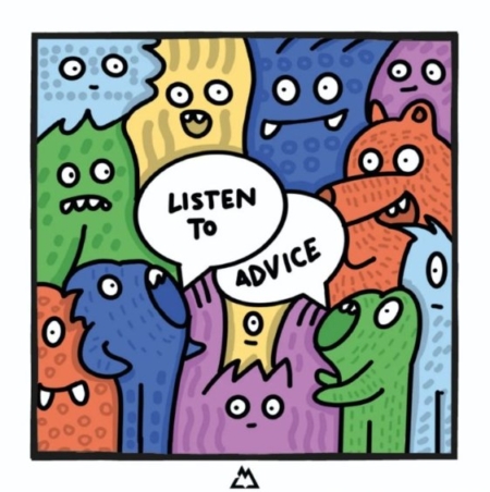 Mostriciattolo colorato di Luigi Massa con contorni neri, messaggio “Listen to advice” su cartoncino