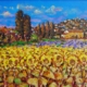 Quadro del pittore livornese Mario Bencini con girasoli e paesino toscano