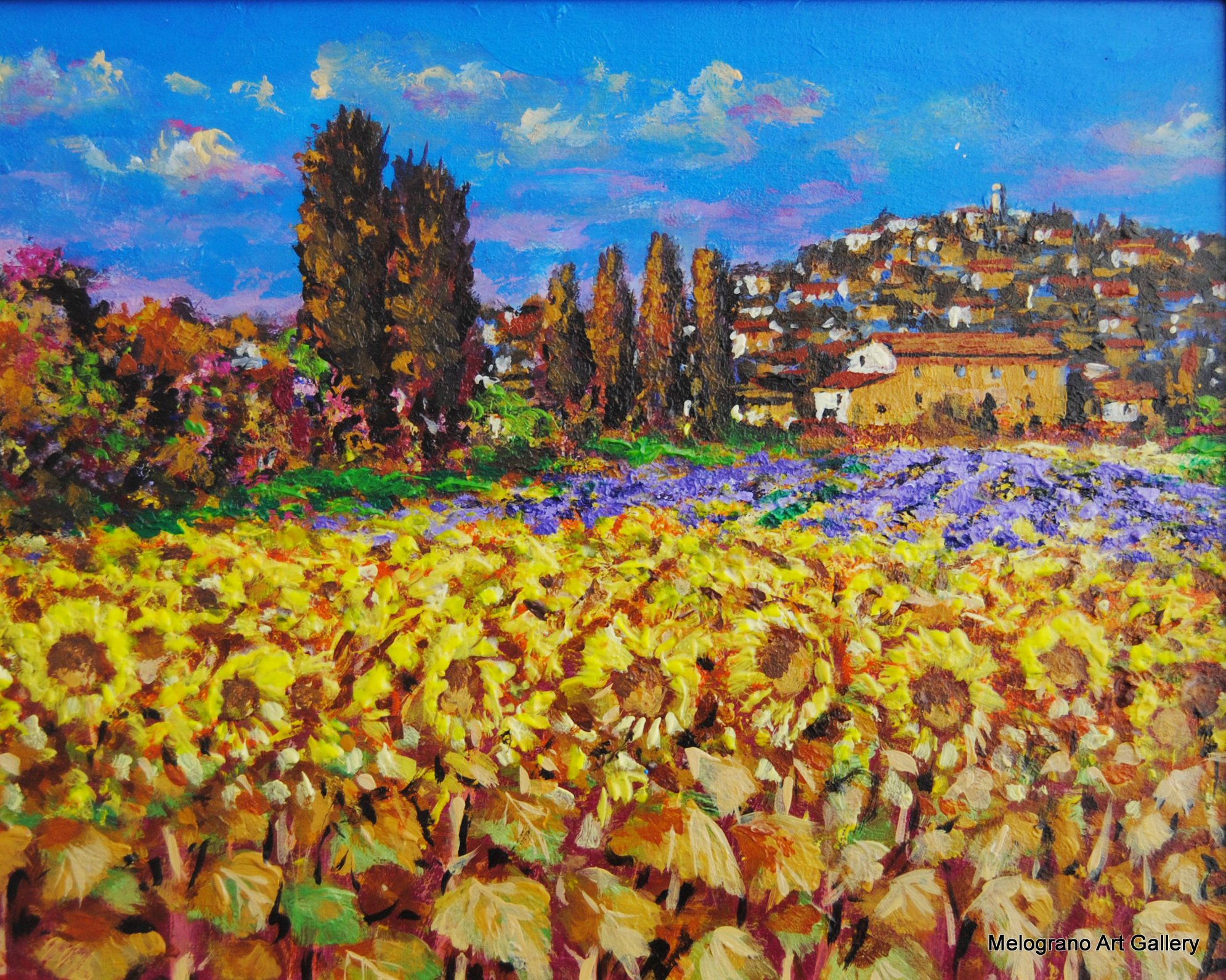 Quadro del pittore livornese Mario Bencini con girasoli e paesino toscano